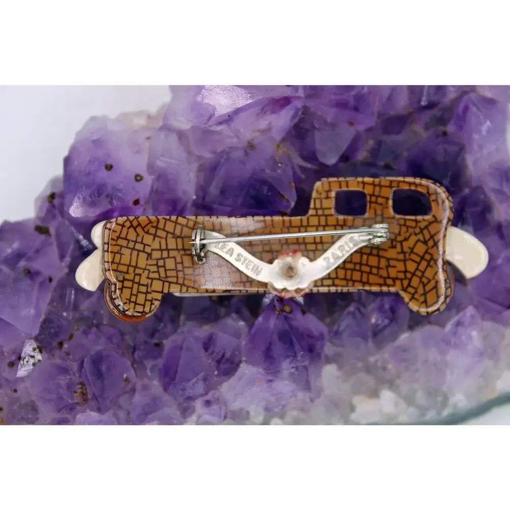 Lea Stein Celluloid Rolls Royce Car Brooch Brown/Cream